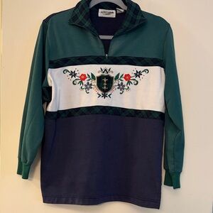 3 for 25! Alfred Dunner Vintage Green and Navy Zip-Up Sweater, Petite Medium